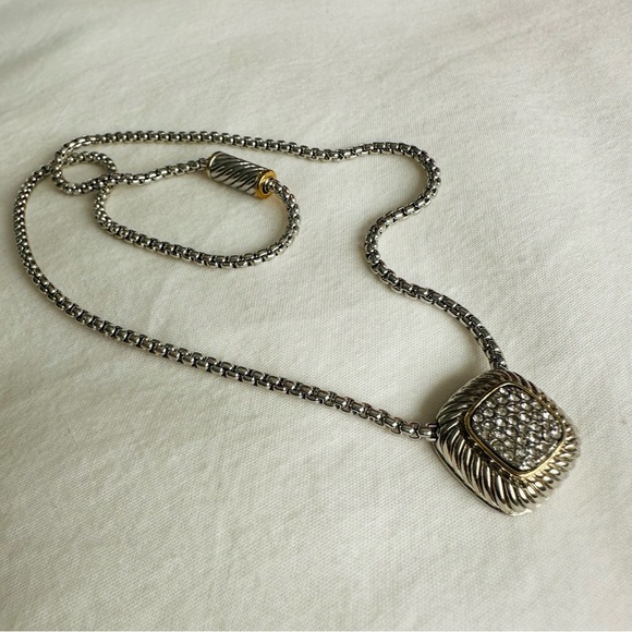 Pave CZ Diamond Pendant Silver Box Chain Necklace - Picture 9 of 11